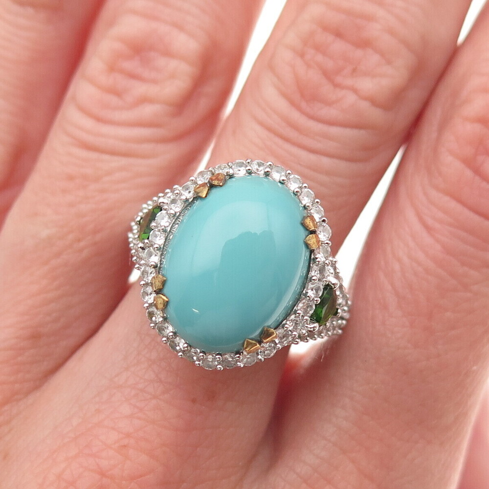 925 Sterling Silver 2-Tone Real Turquoise White Topaz & Peridot Ring Size 8.25